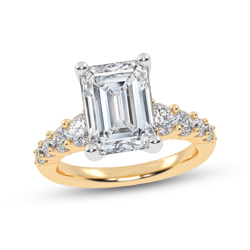 Main Image 1 of 3-3/4 CT. T.W. Emerald-Cut Certified Lab-Created Diamond Graduated Shank Engagement Ring in 14K Gold (I/SI2)