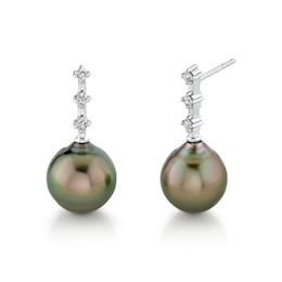 9.0mm Black Tahitian Cultured Pearl and 1/10 CT. T.W. Diamond Drop Earrings in 10K White Gold