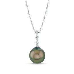 11.0mm Oval Black Tahitian Cultured Pearl and 1/15 CT. T.W. Diamond Drop Pendant in 10K White Gold