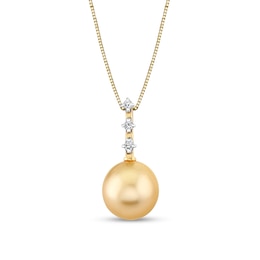 11.0mm Oval Golden South Sea Cultured Pearl and 1/15 CT. T.W. Diamond Drop Pendant in 10K Gold