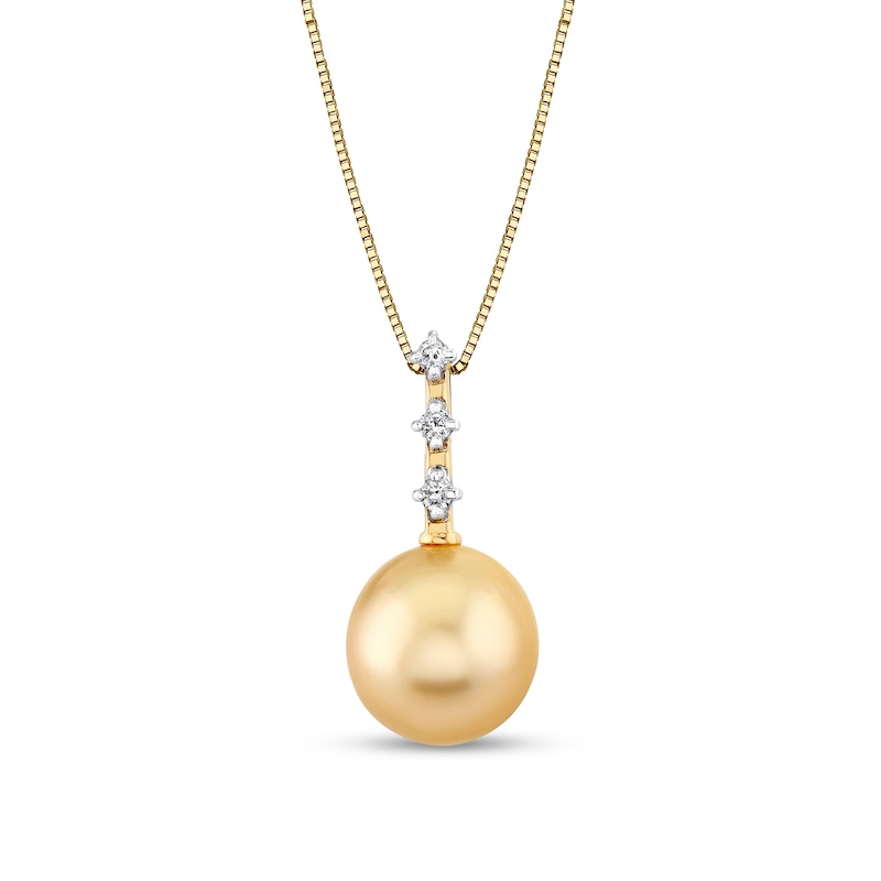 Main Image 1 of 11.0mm Oval Golden South Sea Cultured Pearl and 1/15 CT. T.W. Diamond Drop Pendant in 10K Gold