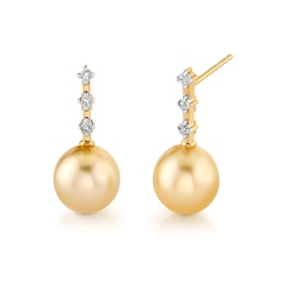 9.0mm Oval Golden South Sea Cultured Pearl and 1/10 CT. T.W. Diamond Drop Earrings in 10K Gold