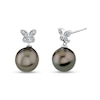 Thumbnail Image 1 of 9.0mm Black Tahitian Cultured Pearl and 1/10 CT. T.W. Diamond Butterfly Drop Earrings in 14K White Gold