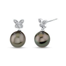 9.0mm Black Tahitian Cultured Pearl and 1/10 CT. T.W. Diamond Butterfly Drop Earrings in 14K White Gold