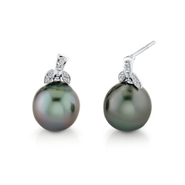 10.0mm Oval Black Tahitian Cultured Pearl and 1/20 CT. T.W. Diamond Floral Drop Earrings in 10K White Gold