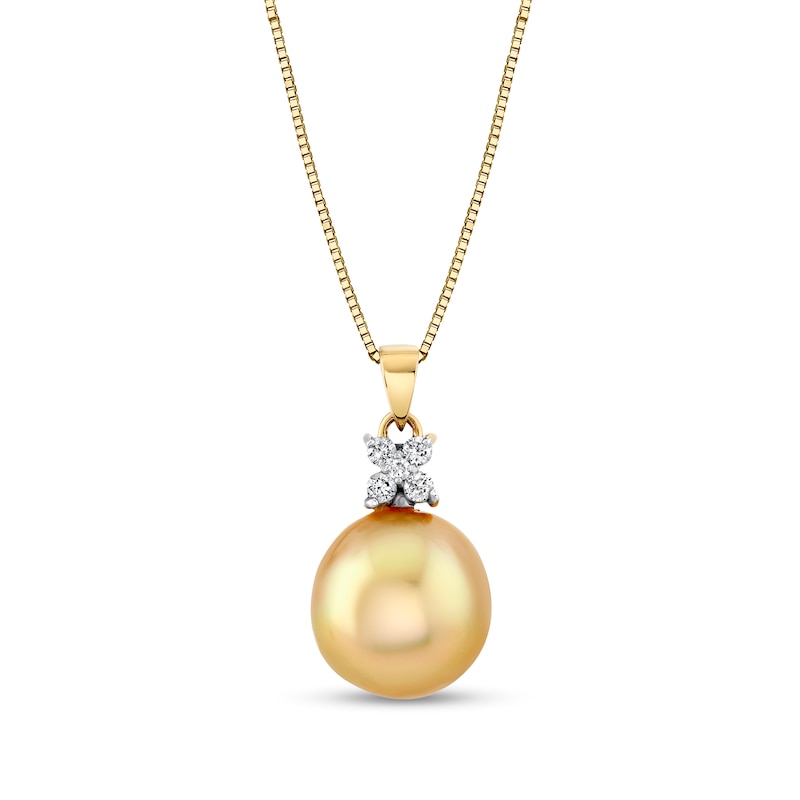 Main Image 1 of 11.0mm Oval Golden South Sea Cultured Pearl and 1/10 CT. T.W. Diamond Drop Pendant in 14K Gold