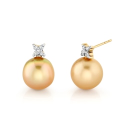 9.0mm Oval Golden South Sea Cultured Pearl and 1/10 CT. T.W. Diamond Drop Earrings in 14K Gold