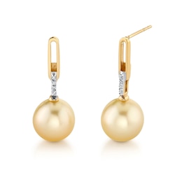 9.0mm Oval Golden South Sea Cultured Pearl and 1/20 CT. T.W. Diamond Drop Earrings in 10K Gold