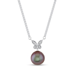 11.0mm Oval Black Tahitian Cultured Pearl and 1/20 CT. T.W. Diamond Butterfly Drop Necklace in 14K White Gold - 16”