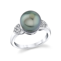 10.0mm Black Tahitian Cultured Pearl and 1/10 CT. T.W. Diamond Heart-Sides Ring in 10K White Gold