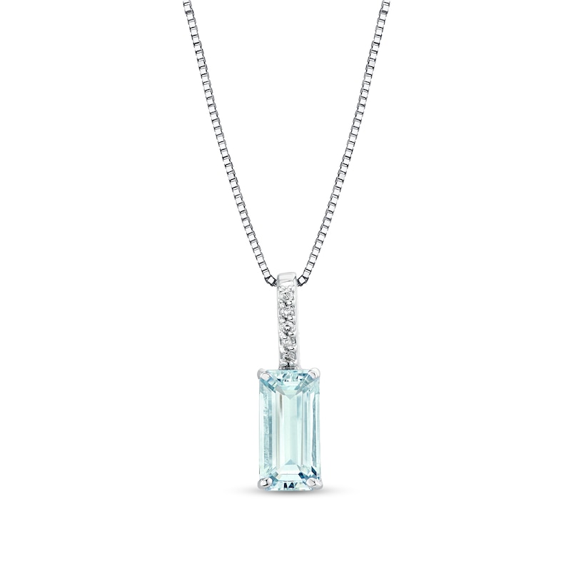 Main Image 1 of Emerald-Cut Aquamarine and 1/20 CT. T.W. Diamond Drop Pendant in Sterling Silver