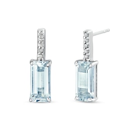 Emerald-Cut Aquamarine and 1/15 CT. T.W. Diamond Drop Earrings in Sterling Silver