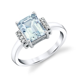 Emerald-Cut Aquamarine and 1/10 CT. T.W. Diamond Collar Ring in Sterling Silver