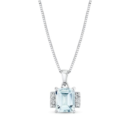 Emerald-Cut Aquamarine and 1/10 CT. T.W. Diamond Collar Pendant in Sterling Silver