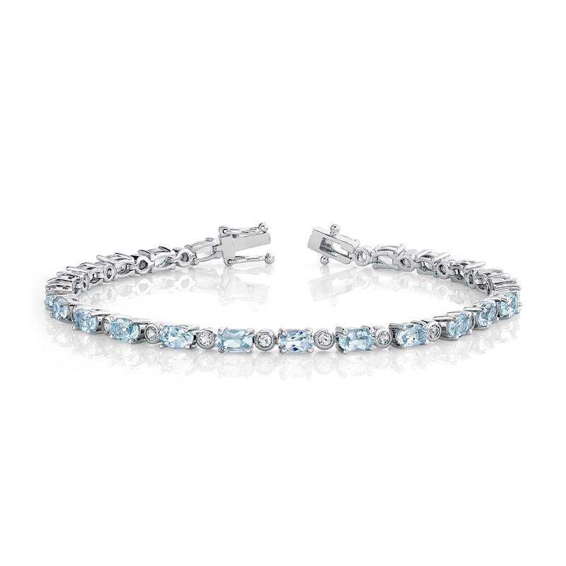 Main Image 1 of Oval Aquamarine and White Topaz Alternating Bracelet in Sterling Silver - 7.25&quot;