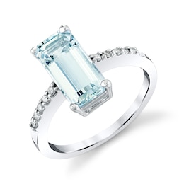 Emerald-Cut Aquamarine and 1/10 CT. T.W. Diamond Ring in Sterling Silver