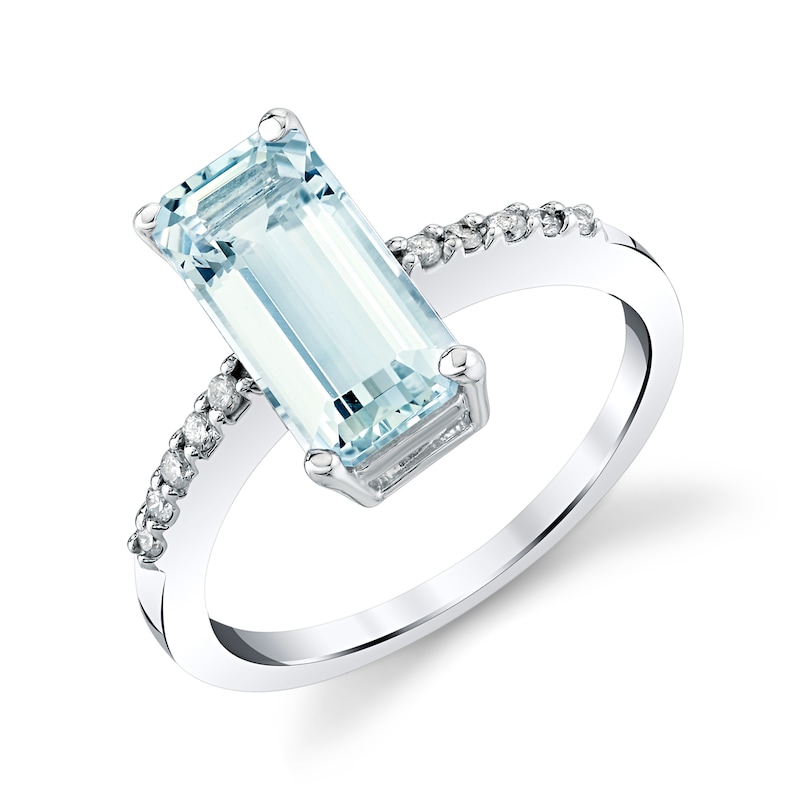 Main Image 1 of Emerald-Cut Aquamarine and 1/10 CT. T.W. Diamond Ring in Sterling Silver