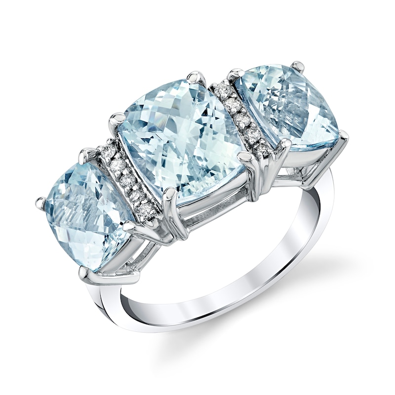 Main Image 1 of Cushion-Cut Aquamarine and 1/10 CT. T.W. Diamond Three Stone Ring in Sterling Silver