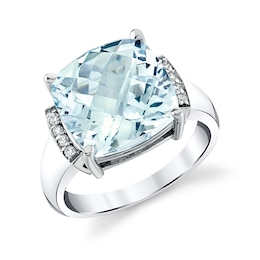 12.0mm Cushion-Cut Aquamarine and 1/15 CT. T.W. Diamond Collar Ring in Sterling Silver