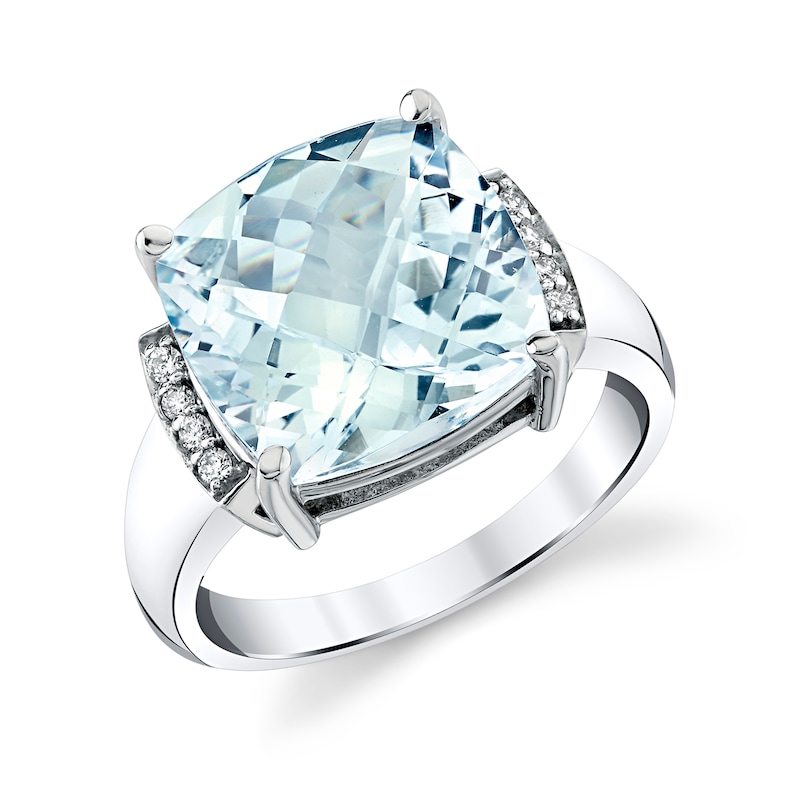 Main Image 1 of 12.0mm Cushion-Cut Aquamarine and 1/15 CT. T.W. Diamond Collar Ring in Sterling Silver