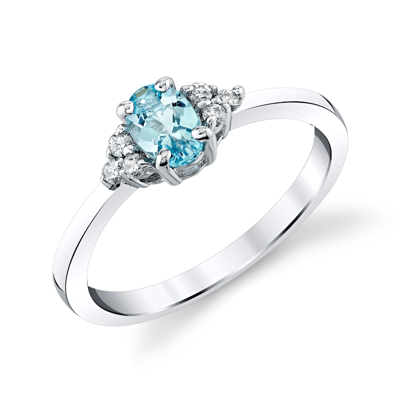 Main Image 1 of Oval Aquamarine and 1/10 CT. T.W. Diamond Tri-Sides Ring in 14K White Gold