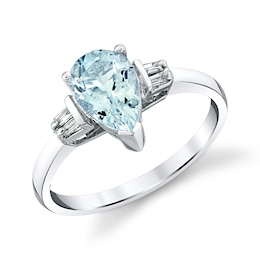 Pear-Shaped Aquamarine and 1/20 CT. T.W. Baguette-Cut Diamond Collar Ring in 14K White Gold