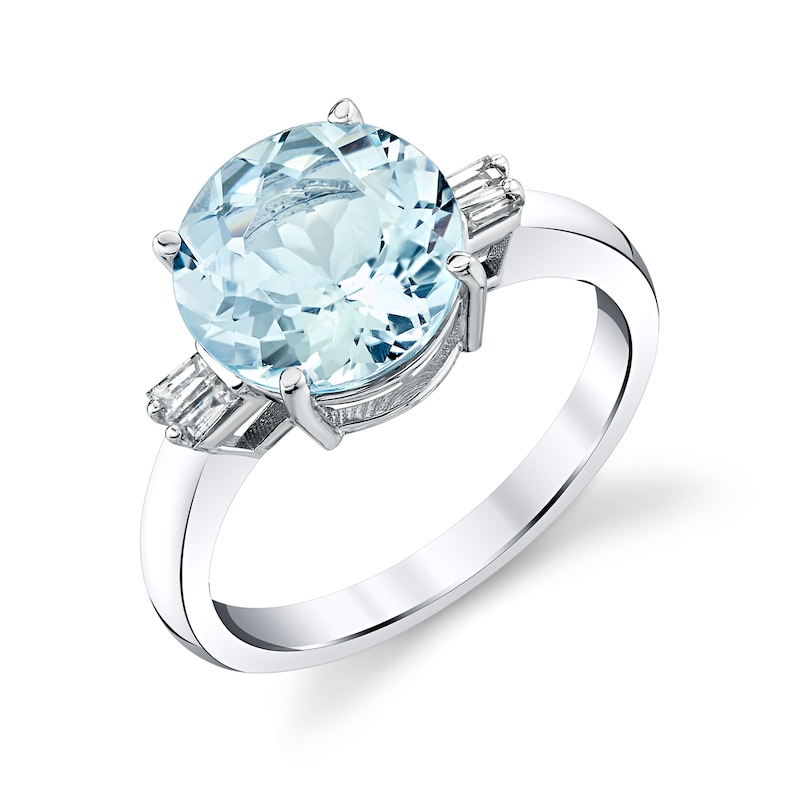 Main Image 1 of 10.0mm Aquamarine and 1/8 CT. T.W. Baguette-Cut Diamond Collar Ring in 10K White Gold