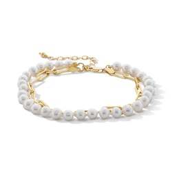 5.0-6.0mm Oval Freshwater Cultured Pearl and Paper Clip Chain Double Strand Bracelet in 10K Gold - 7.5&quot;