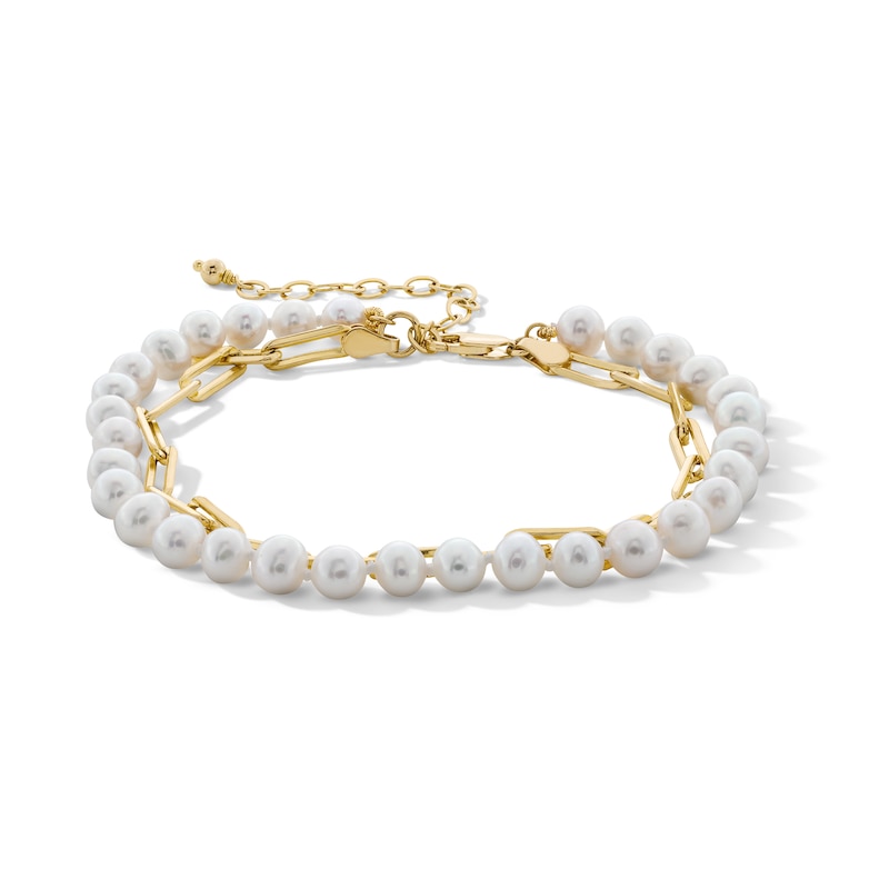 Main Image 1 of 5.0-6.0mm Oval Freshwater Cultured Pearl and Paper Clip Chain Double Strand Bracelet in 10K Gold - 7.5&quot;