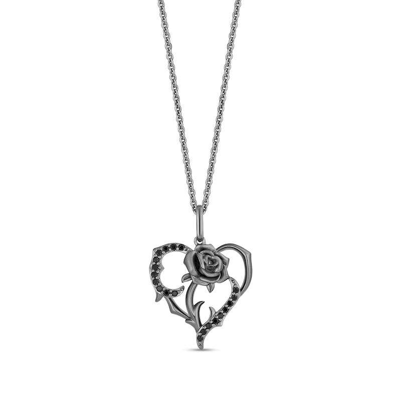 Main Image 1 of Enchanted Disney Villains Maleficent 1/6 CT. T.W. Black Diamond Heart Rose Vine Pendant in Black Sterling Silver - 19”