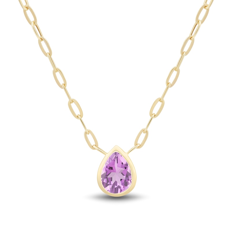 Main Image 1 of Pear-Shaped Pink Lab-Created Sapphire Bezel-Set Solitaire Necklace in Sterling Silver with 14K Gold Plate