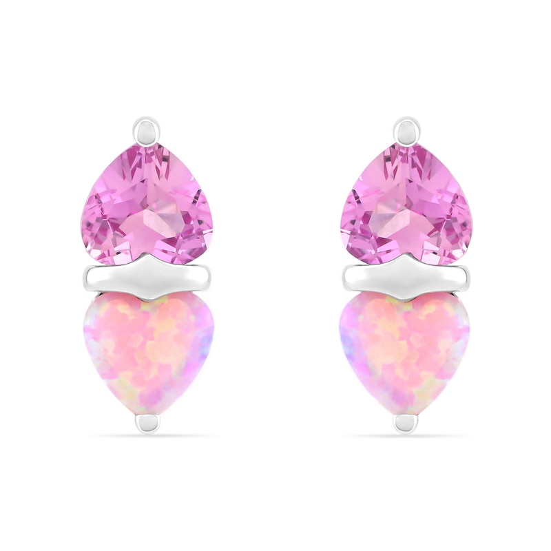 Main Image 1 of Heart-Shaped Pink Lab-Created Opal and Pink Lab-Created Sapphire Stud Earrings in Sterling Silver