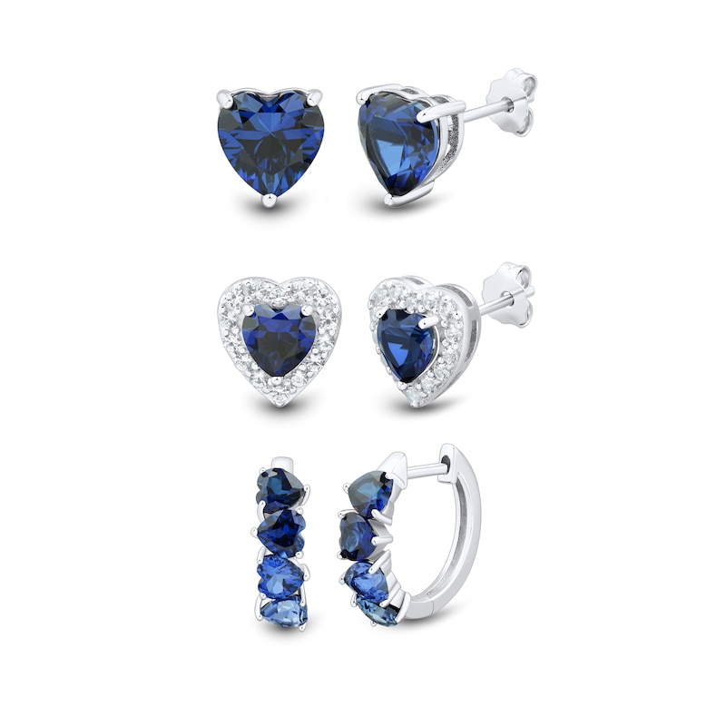 Main Image 1 of Heart-Shaped Blue and White Lab-Created Sapphire Stud and Hoop Three Pair Earrings Set in Sterling Silver