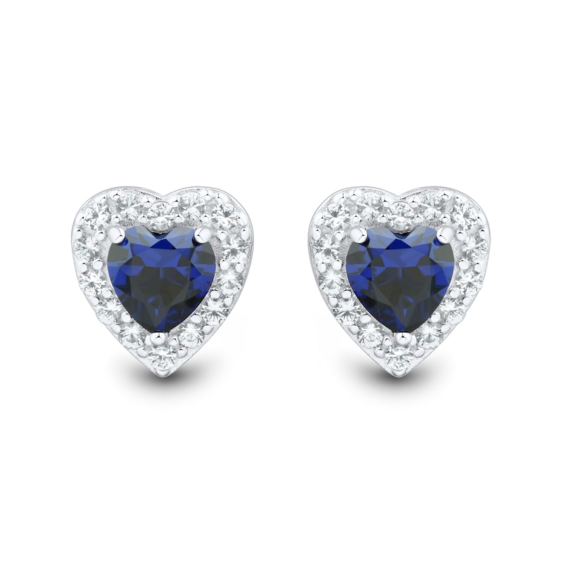 Main Image 3 of Heart-Shaped Blue and White Lab-Created Sapphire Stud and Hoop Three Pair Earrings Set in Sterling Silver