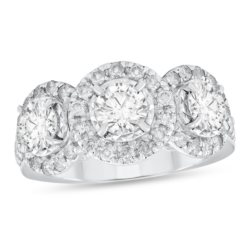 Main Image 1 of 1-7/8 CT. T.W. Diamond Frame Three Stone Engagement Ring in 14K White Gold