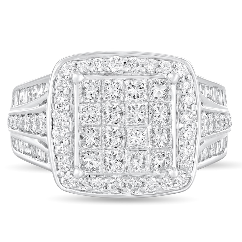 Main Image 3 of 1-7/8 CT. T.W. Princess-Cut Multi-Diamond Cushion Frame Triple Row Engagement Ring in 14K White Gold