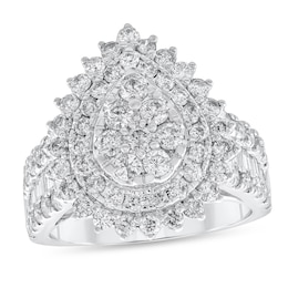 2 CT. T.W. Pear-Shaped Multi-Diamond Double Starburst Frame Triple Row Engagement Ring in 14K White Gold