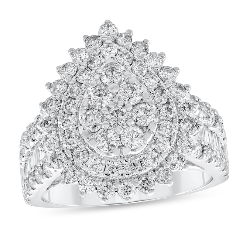 Main Image 1 of 2 CT. T.W. Pear-Shaped Multi-Diamond Double Starburst Frame Triple Row Engagement Ring in 14K White Gold