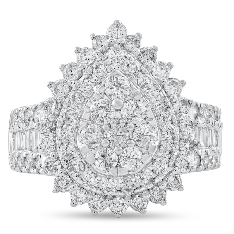 Main Image 3 of 2 CT. T.W. Pear-Shaped Multi-Diamond Double Starburst Frame Triple Row Engagement Ring in 14K White Gold