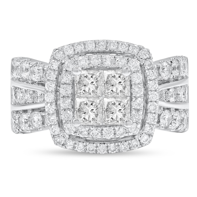 Main Image 3 of 2 CT. T.W. Quad Princess-Cut Diamond Double Cushion Frame Triple Row Engagement Ring in 14K White Gold