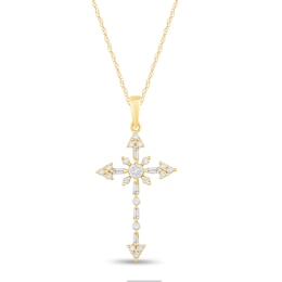 1/5 CT. T.W. Baguette and Round Diamond Tri-Ends Cross Pendant in 10K Gold