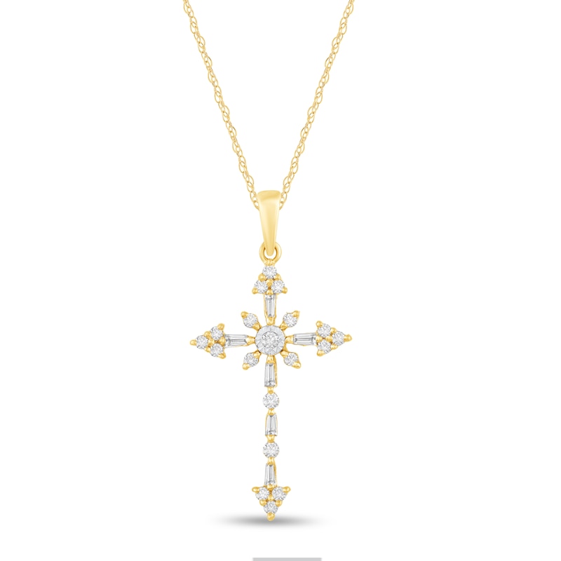 Main Image 1 of 1/5 CT. T.W. Baguette and Round Diamond Tri-Ends Cross Pendant in 10K Gold