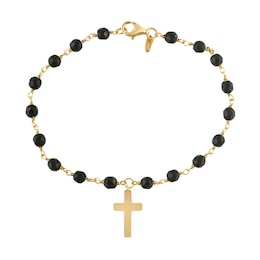 4.0mm Onyx Bead and Cross Charm Bracelet in Sterling Silver with 14K Gold Plate - 7.25&quot;