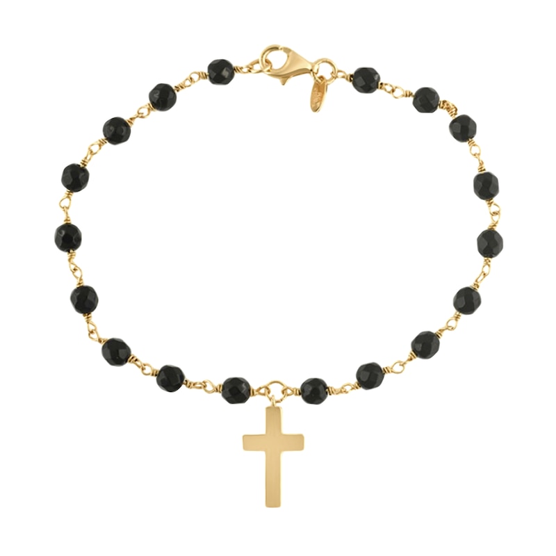 Main Image 1 of 4.0mm Onyx Bead and Cross Charm Bracelet in Sterling Silver with 14K Gold Plate - 7.25&quot;