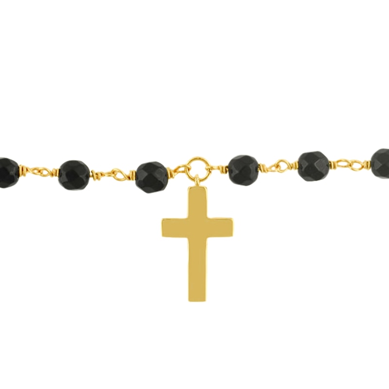 Main Image 2 of 4.0mm Onyx Bead and Cross Charm Bracelet in Sterling Silver with 14K Gold Plate - 7.25&quot;