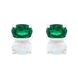 Oval Lab-Created Emerald and Lab-Created Opal Stacked Duo Stud Earrings in Sterling Silver