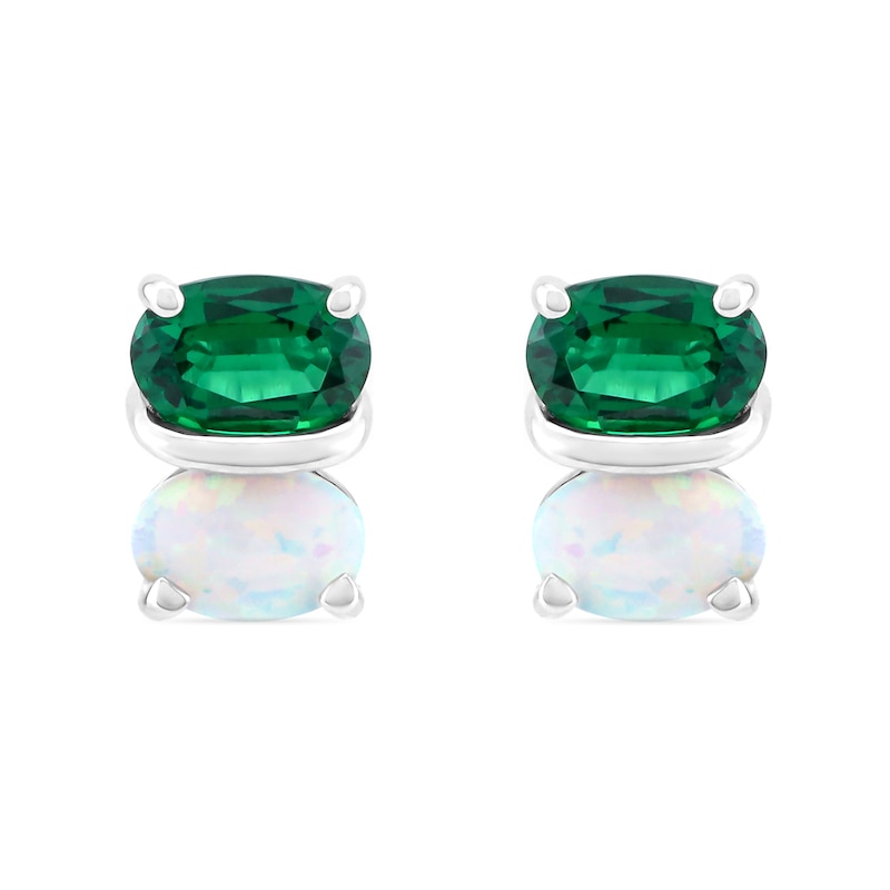 Main Image 1 of Oval Lab-Created Emerald and Lab-Created Opal Stacked Duo Stud Earrings in Sterling Silver