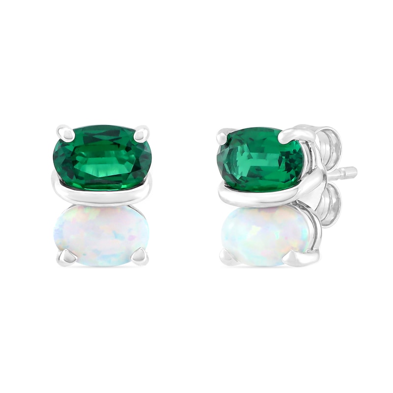 Main Image 2 of Oval Lab-Created Emerald and Lab-Created Opal Stacked Duo Stud Earrings in Sterling Silver