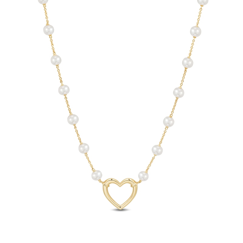 Main Image 1 of 6.0-6.5mm Freshwater Cultured Pearl Station Heart Necklace in Sterling Silver with 14K Gold Plate