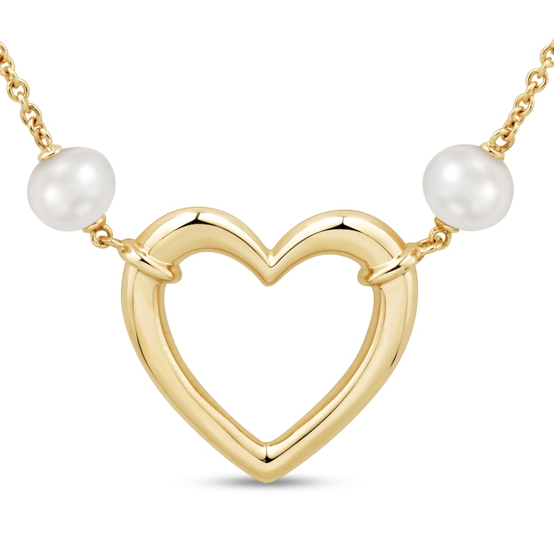 Main Image 2 of 6.0-6.5mm Freshwater Cultured Pearl Station Heart Necklace in Sterling Silver with 14K Gold Plate